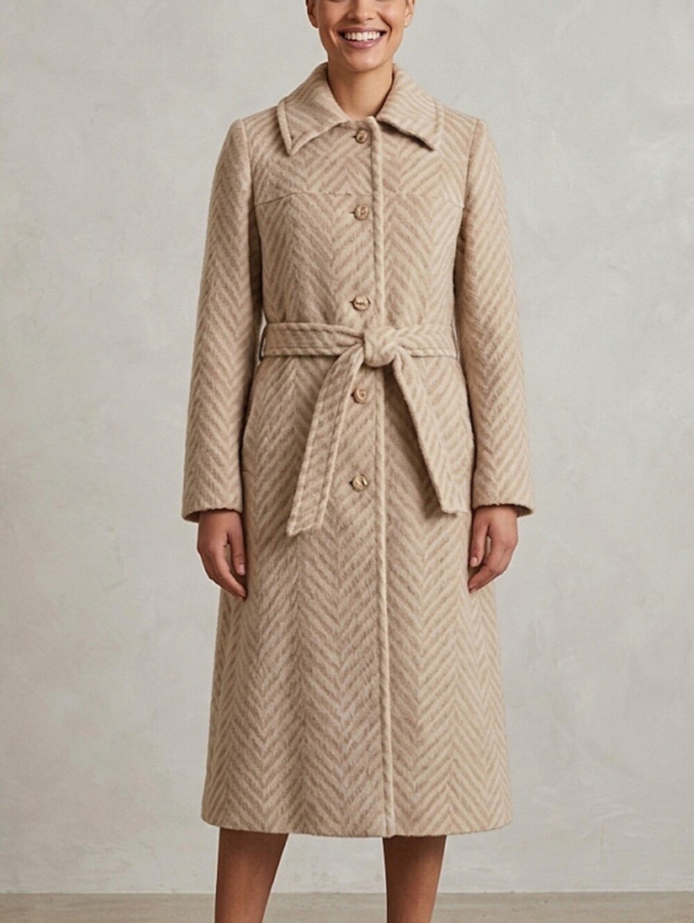 Vintage 70s Niccolini Wool-blend Chevron Stripe Winter Coat / XS /Beige, Ivory